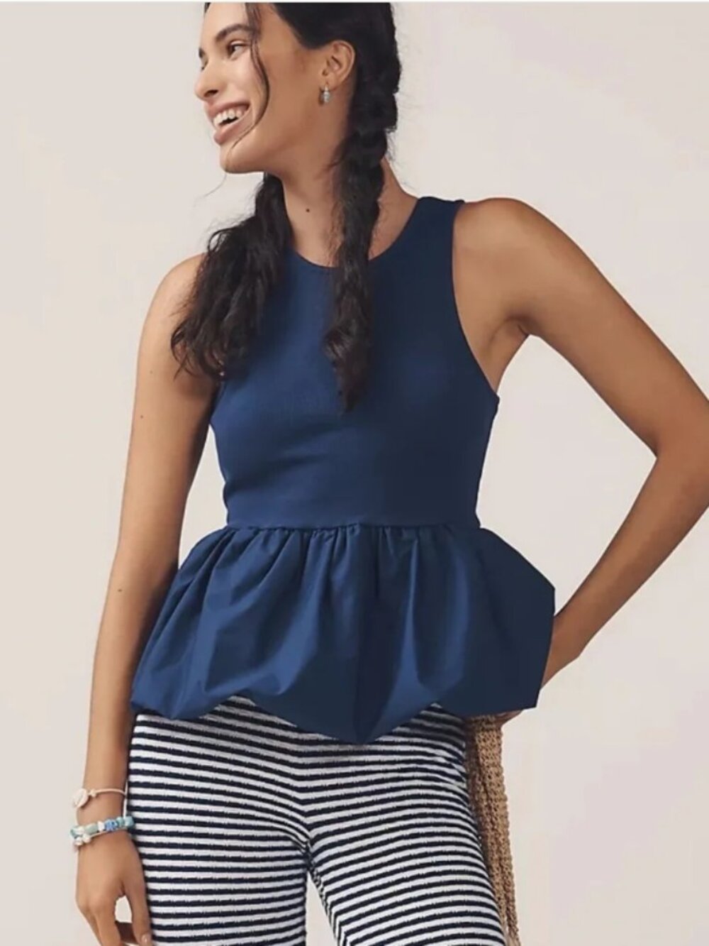 NWT Anthropologie Maeve Bubble Peplum Blue Tank Size XS